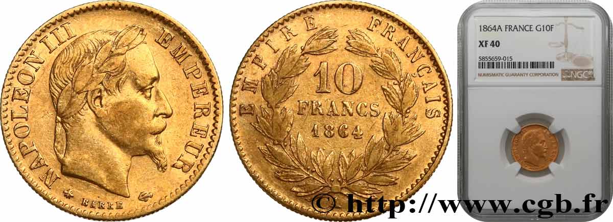 10 francs or Napoléon III, tête laurée 1864 Paris F.507A/6 TTB40 NGC