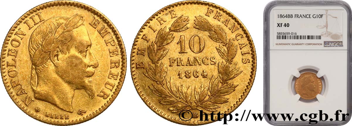 10 francs or Napoléon III, tête laurée 1864 Strasbourg F.507A/7 TTB40 NGC