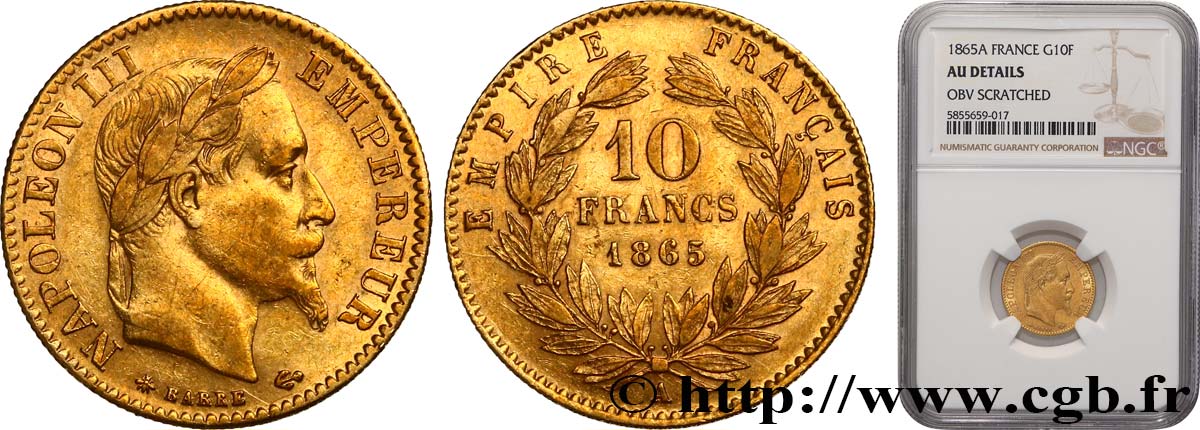 10 francs or Napoléon III, tête laurée 1865 Paris F.507A/9 TTB+ NGC