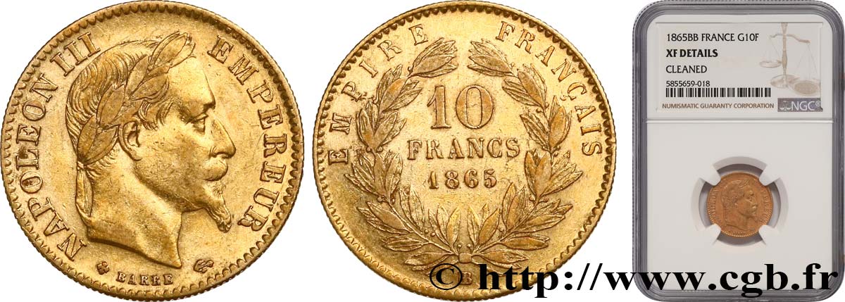 10 francs or Napoléon III, tête laurée 1865 Strasbourg F.507A/10 XF NGC