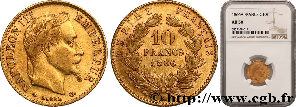 10 francs or Napoléon III, tête laurée 1866 Paris F.507A/12 TTB50 NGC