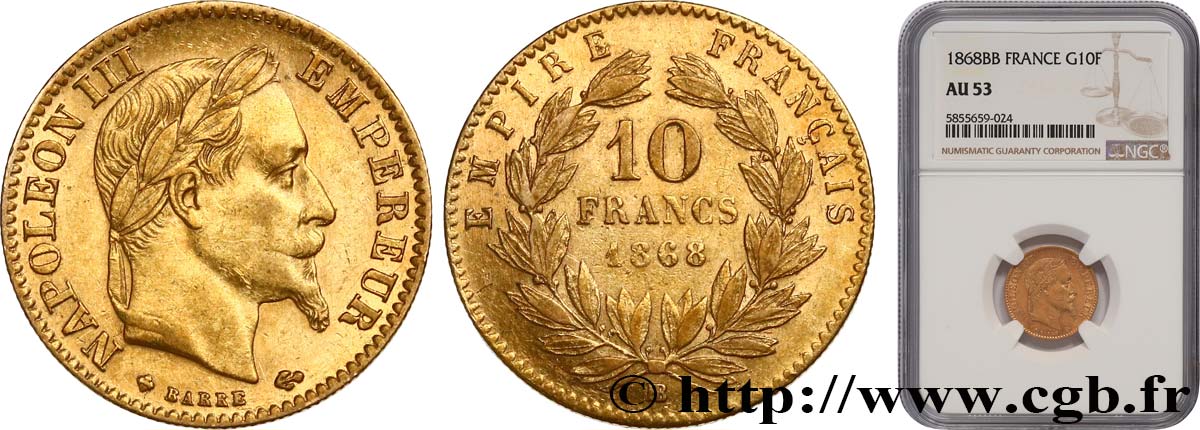 10 francs or Napoléon III, tête laurée 1868 Strasbourg F.507A/18 SS53 NGC