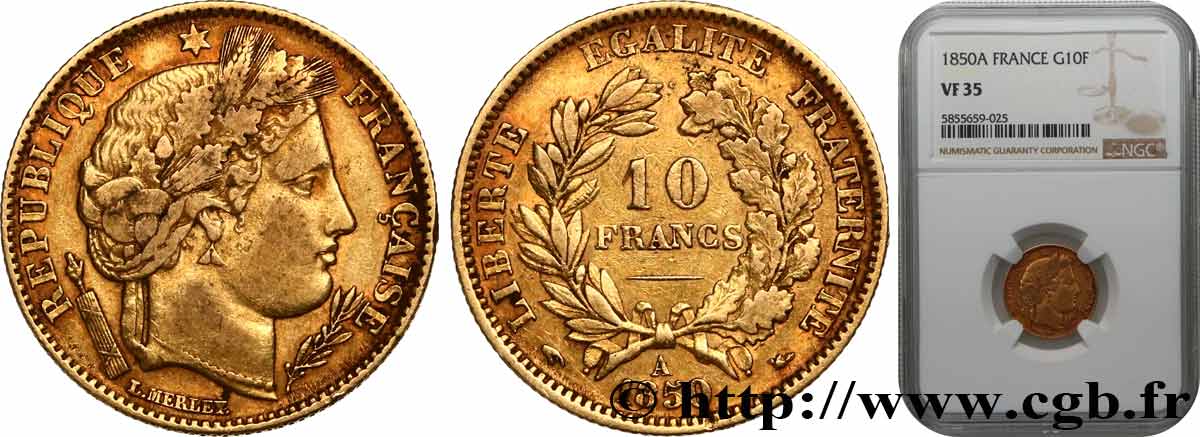 10 francs Cérès Deuxième république, levrette oreille haute 1850 Paris F.504/1 TB35 NGC