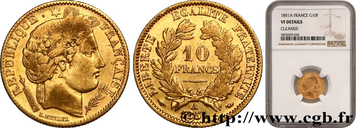 10 francs Cérès Deuxième république, levrette oreille basse 1851 Paris F.504/3 TB NGC
