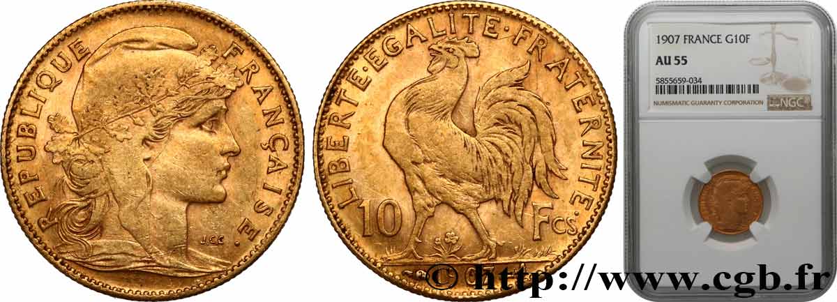 10 francs Coq 1907 Paris F.509/8 AU55 NGC