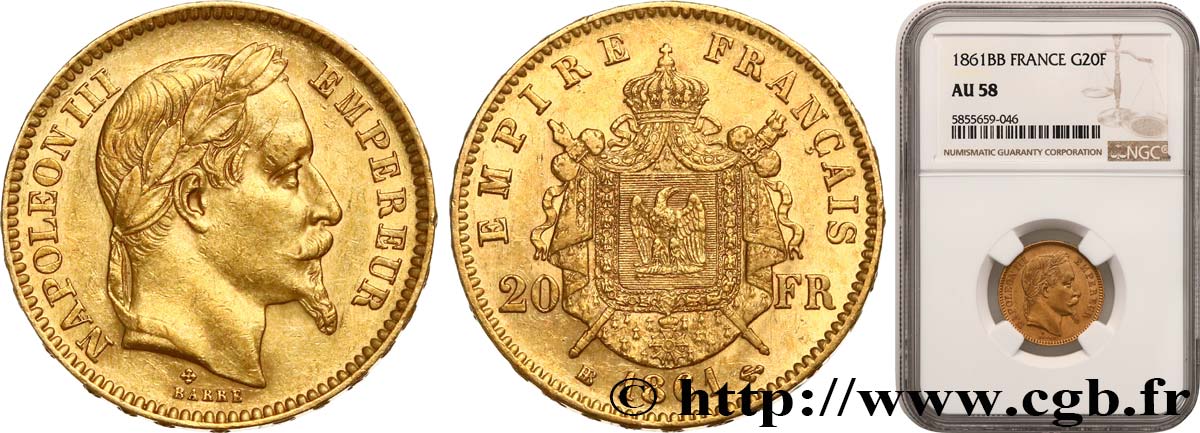 20 francs or Napoléon III, tête laurée 1861 Strasbourg F.532/2 EBC58 NGC