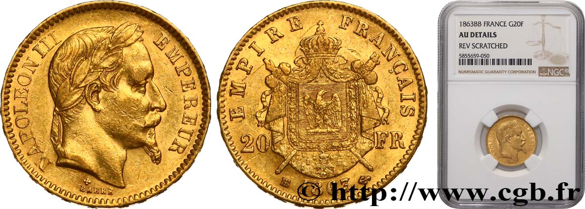 20 francs or Napoléon III, tête laurée 1863 Strasbourg F.532/7 TTB+ NGC