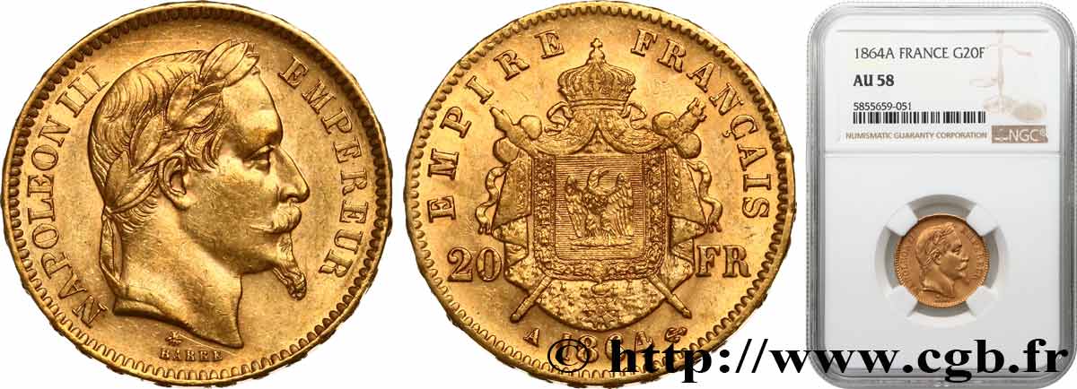 20 francs or Napoléon III, tête laurée 1864 Paris F.532/8 SPL58 NGC
