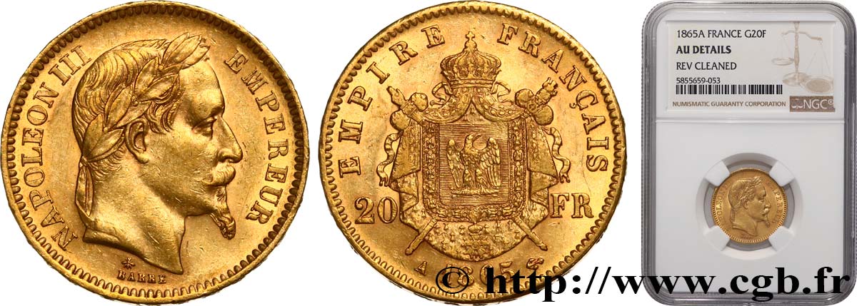 20 francs or Napoléon III, tête laurée 1865 Paris F.532/11 TTB+ NGC