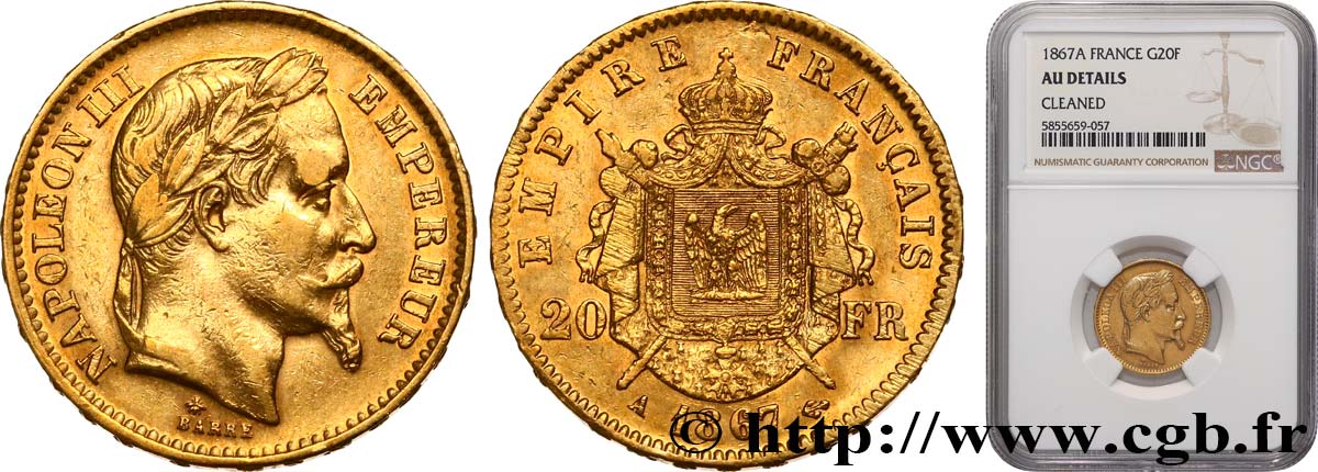 20 francs or Napoléon III, tête laurée 1867 Paris F.532/15 TTB+ NGC