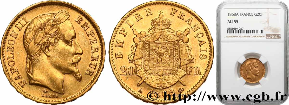 20 francs or Napoléon III, tête laurée 1868 Paris F.532/18 SUP55 NGC