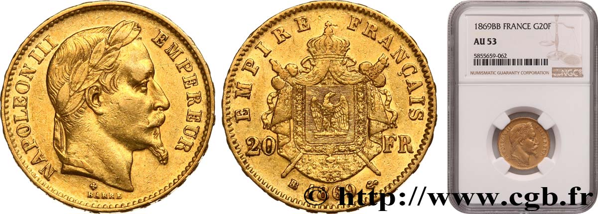 20 francs or Napoléon III, tête laurée 1869 Strasbourg F.532/21 SS53 NGC