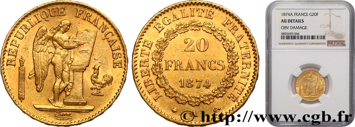 20 francs génie, Troisième république 1874 Paris F.533/2 TTB+ NGC