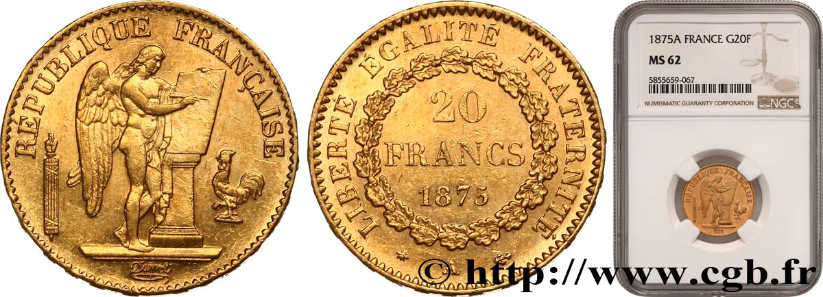 20 francs génie, Troisième république 1875 Paris F.533/3 VZ62 NGC