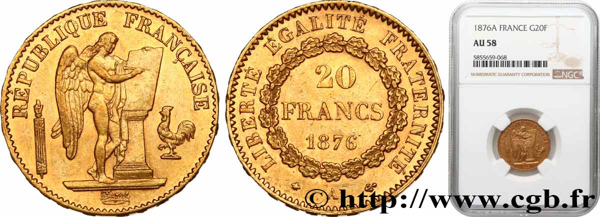 20 francs génie, Troisième république 1876 Paris F.533/4 AU58 NGC