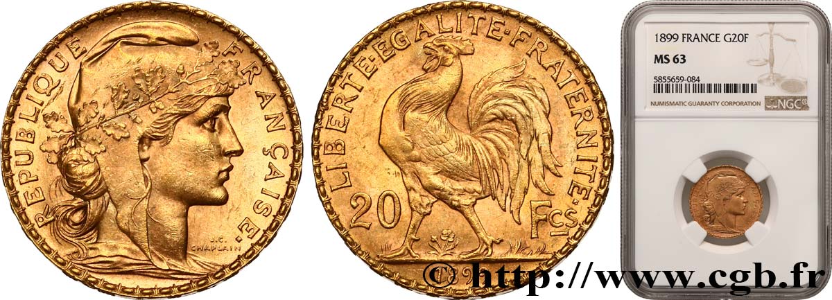 20 francs or Coq, Dieu protège la France 1899 Paris F.534/2 fST63 NGC