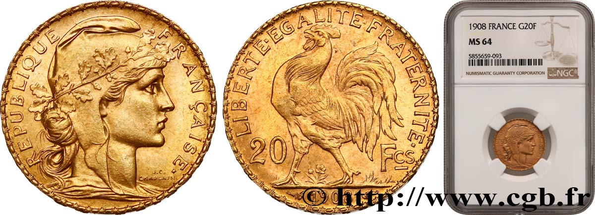 20 francs Coq, liberté égalité fraternité 1908 Paris F.535/2 MS64 NGC