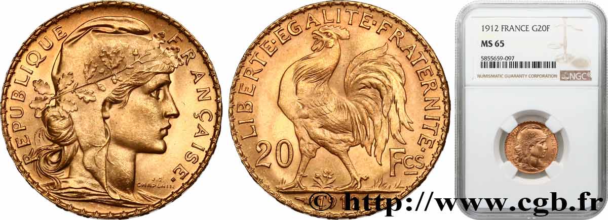 20 francs Coq, liberté égalité fraternité 1912 Paris F.535/6 FDC65 NGC