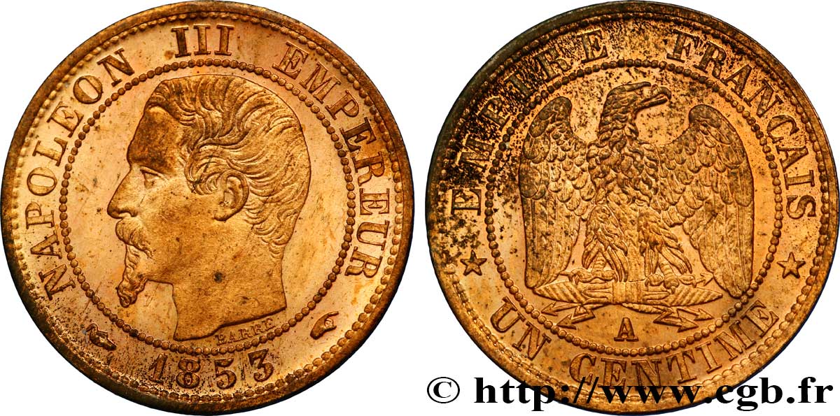 Un centime Napoléon III, tête nue 1853 Paris F.102/1 SPL63 