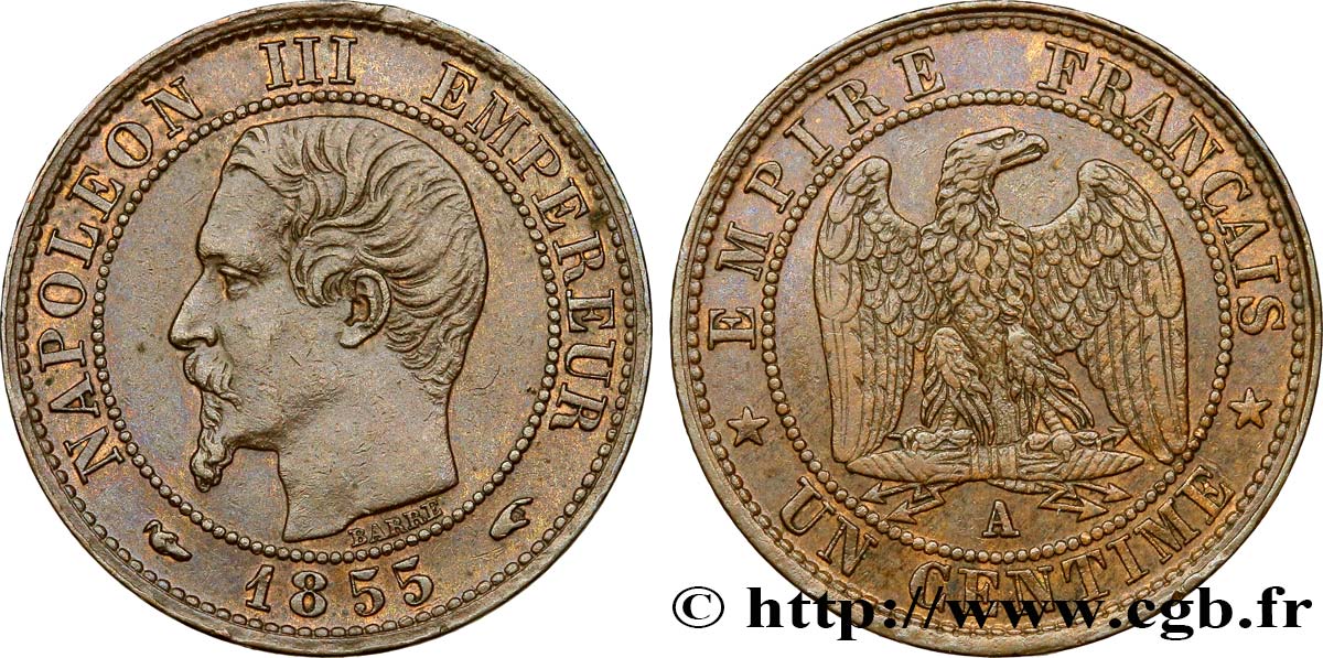 Un centime Napoléon III, tête nue, différent levrette 1855 Paris F.102/15 TTB48 