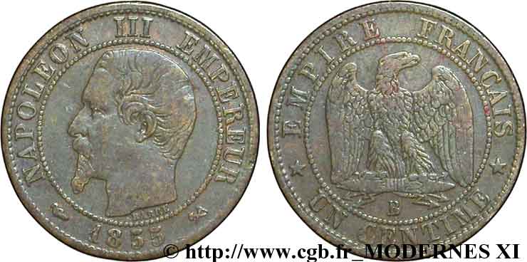 Un centime Napoléon III, tête nue 1855 Rouen F.102/17 TTB48 