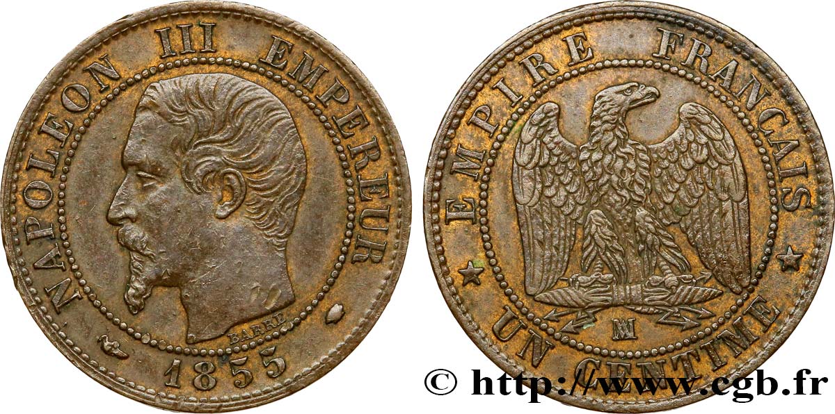 Un centime Napoléon III, tête nue 1855 Marseille F.102/23 XF48 