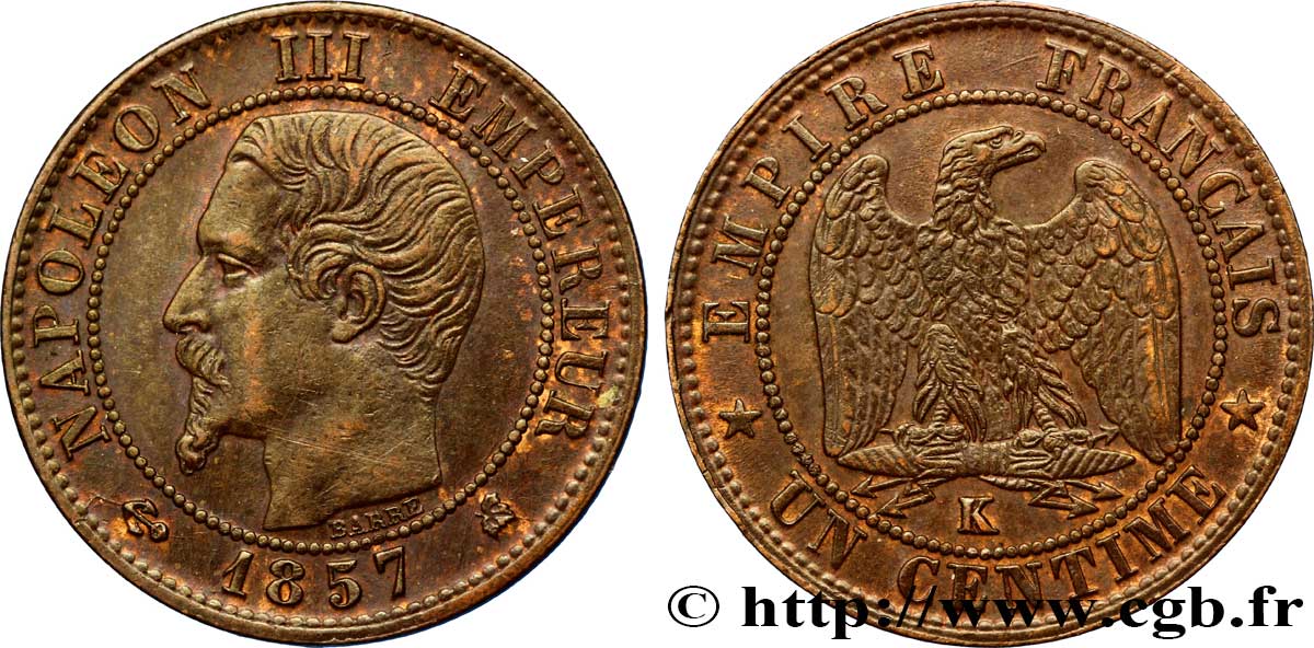 Un centime Napoléon III, tête nue 1857 Bordeaux F.102/36 SUP55 