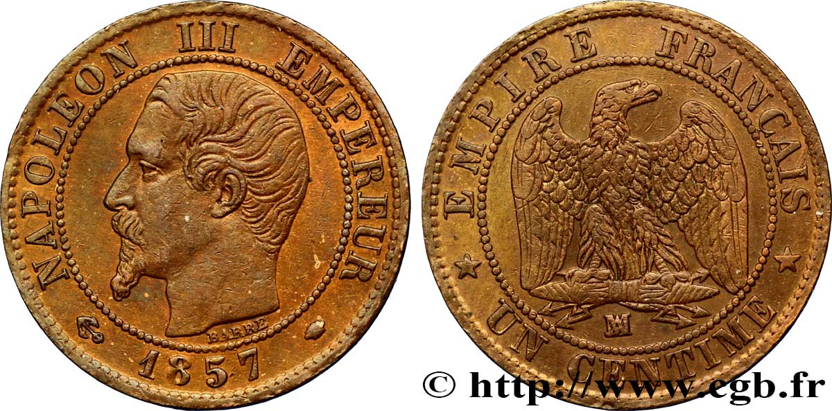 Un centime Napoléon III, tête nue 1857 Marseille F.102/37 EBC55 