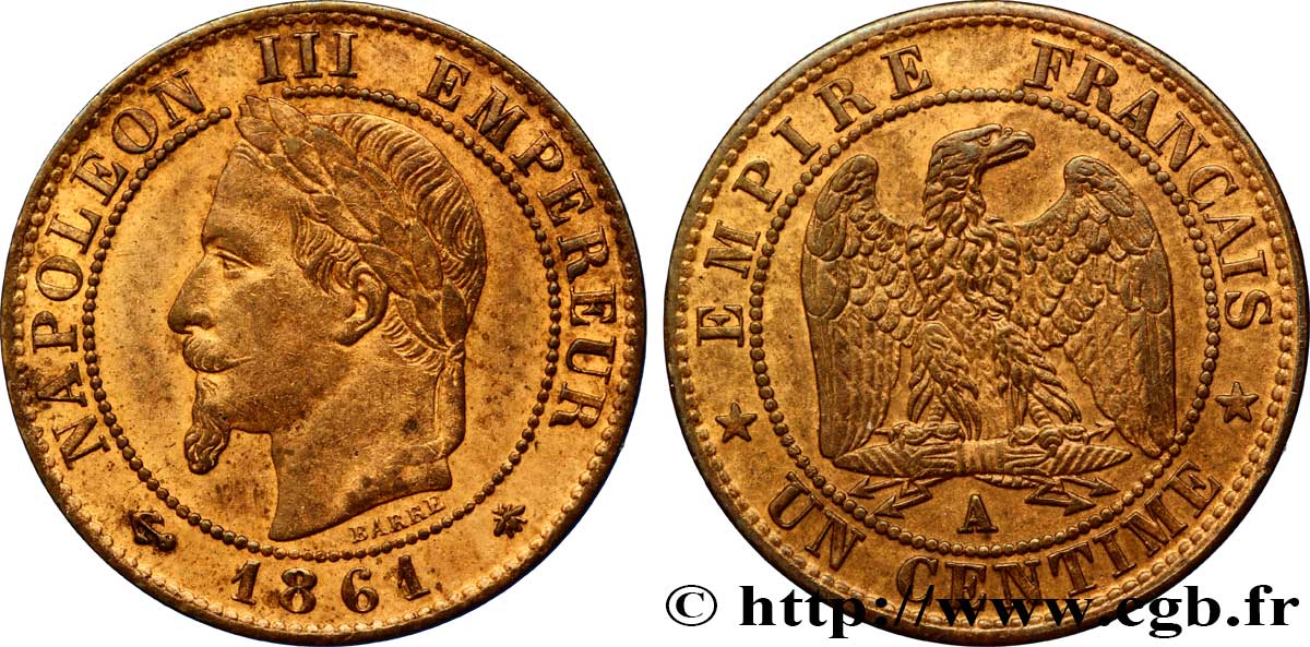 Un centime Napoléon III, tête laurée 1861 Paris F.103/1 SUP58 