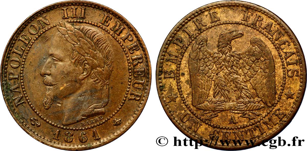 Un centime Napoléon III, tête laurée 1861 Paris F.103/1 SUP55 