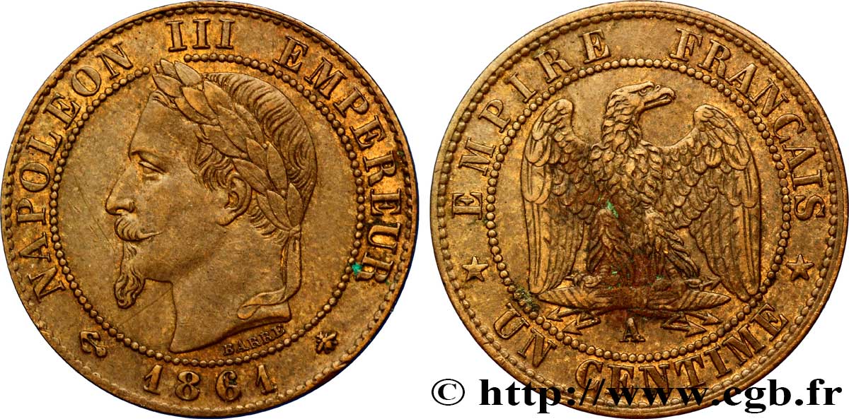 Un centime Napoléon III, tête laurée 1861 Paris F.103/1 AU54 