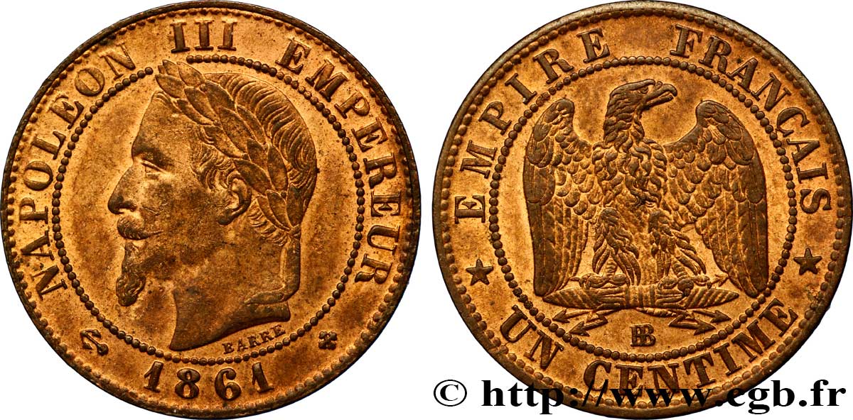 Un centime Napoléon III, tête laurée 1861 Strasbourg F.103/2 SUP58 