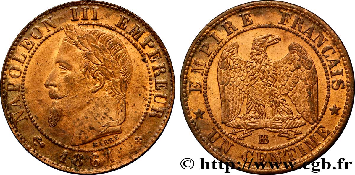 Un centime Napoléon III, tête laurée 1861 Strasbourg F.103/2 SUP55 