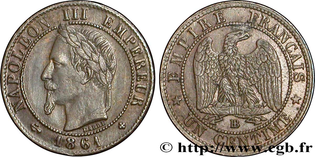Un centime Napoléon III, tête laurée 1861 Strasbourg F.103/2 TTB48 