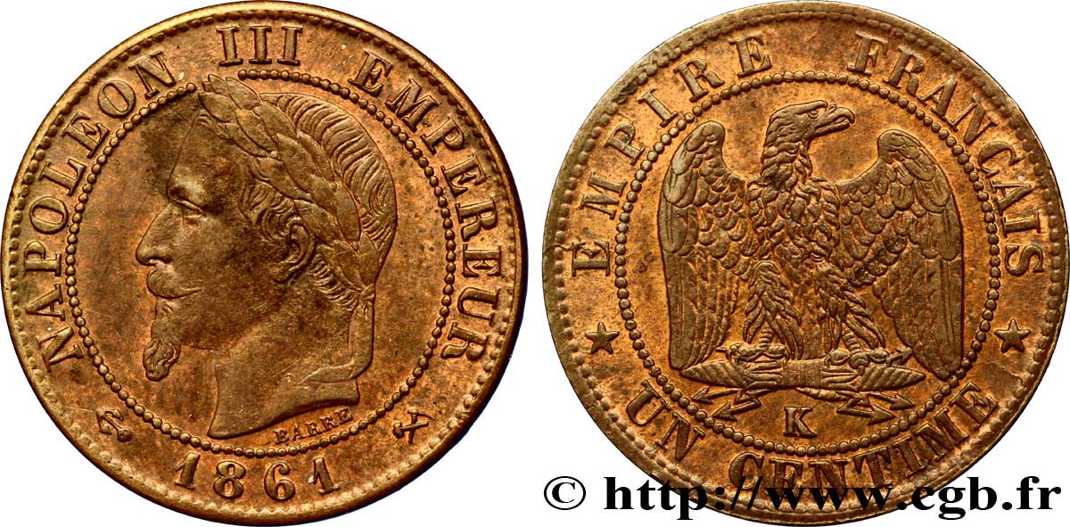 Un centime Napoléon III, tête laurée 1861 Bordeaux F.103/3 EBC58 