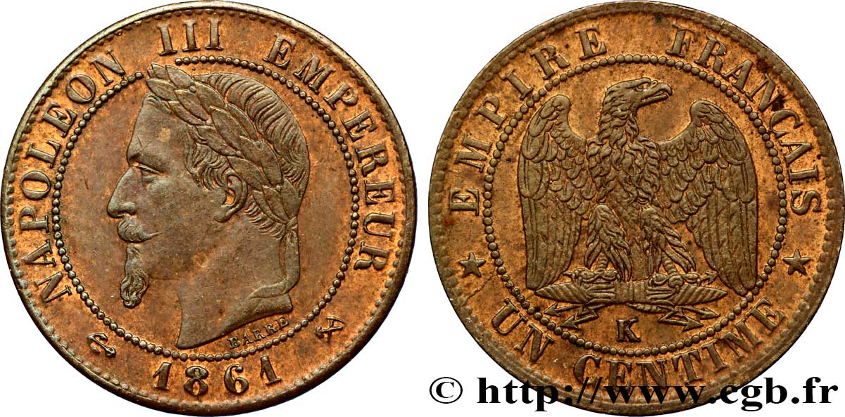 Un centime Napoléon III, tête laurée 1861 Bordeaux F.103/3 SUP55 