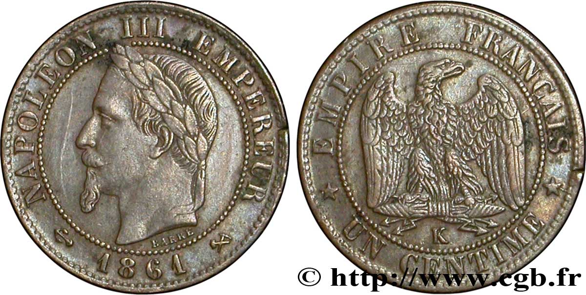 Un centime Napoléon III, tête laurée 1861 Bordeaux F.103/3 TB35 