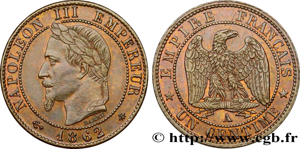 Un centime Napoléon III, tête laurée 1862 Paris F.103/4 SUP55 