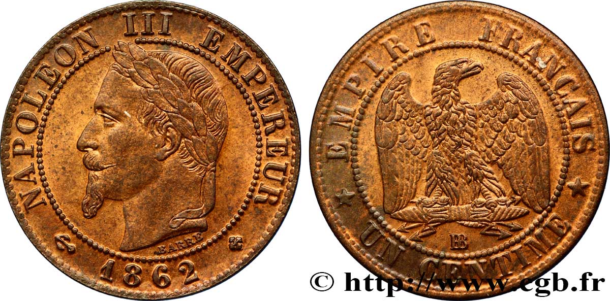Un centime Napoléon III, tête laurée 1862 Strasbourg F.103/5 EBC60 