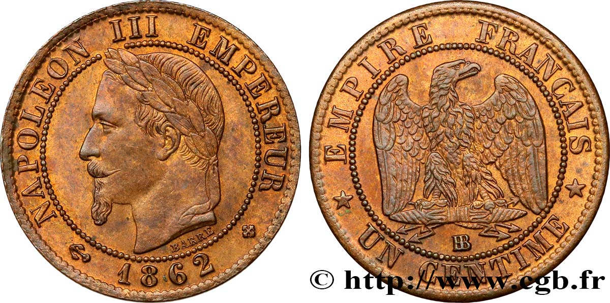 Un centime Napoléon III, tête laurée 1862 Strasbourg F.103/5 SUP55 