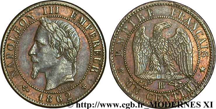 Un centime Napoléon III, tête laurée 1862 Strasbourg F.103/6 SUP58 