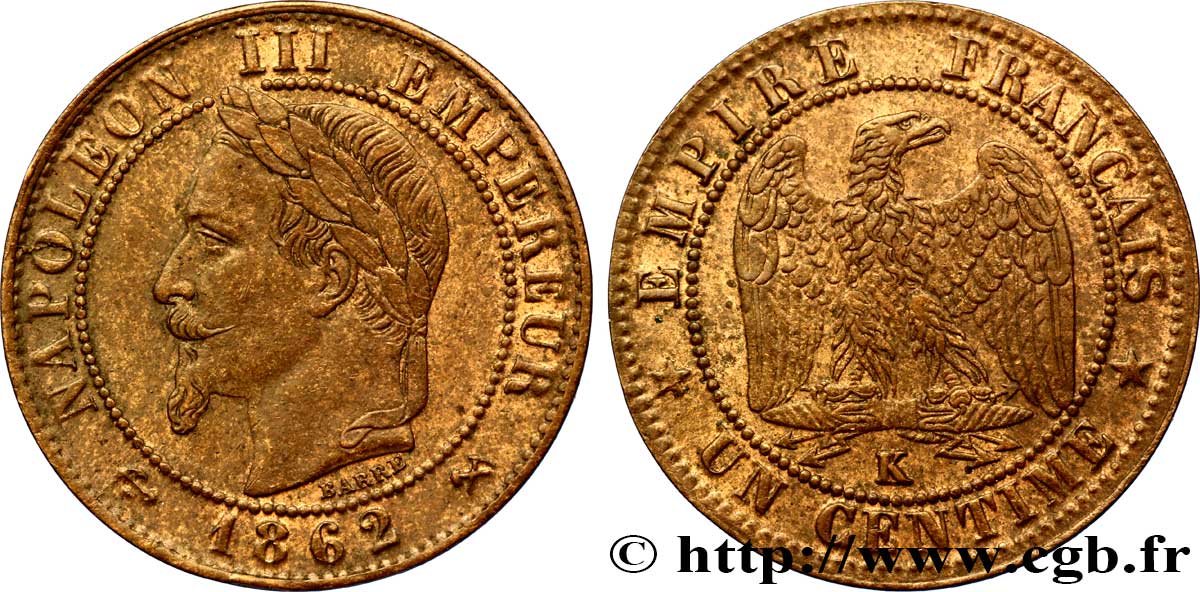 Un centime Napoléon III, tête laurée 1862 Bordeaux F.103/7 SUP58 