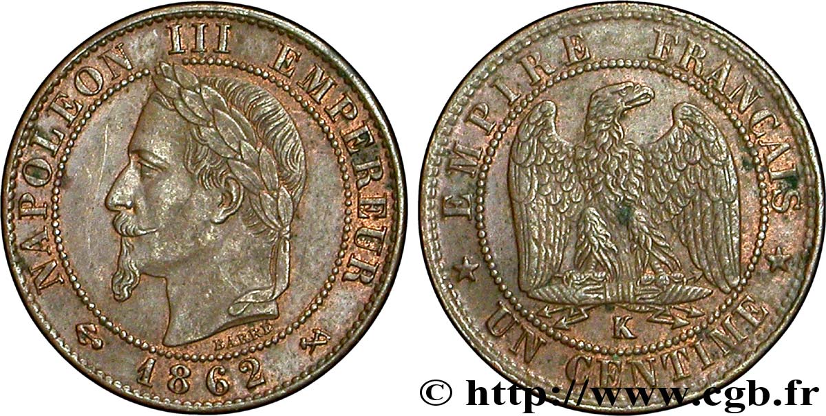 Un centime Napoléon III, tête laurée 1862 Bordeaux F.103/7 SUP 