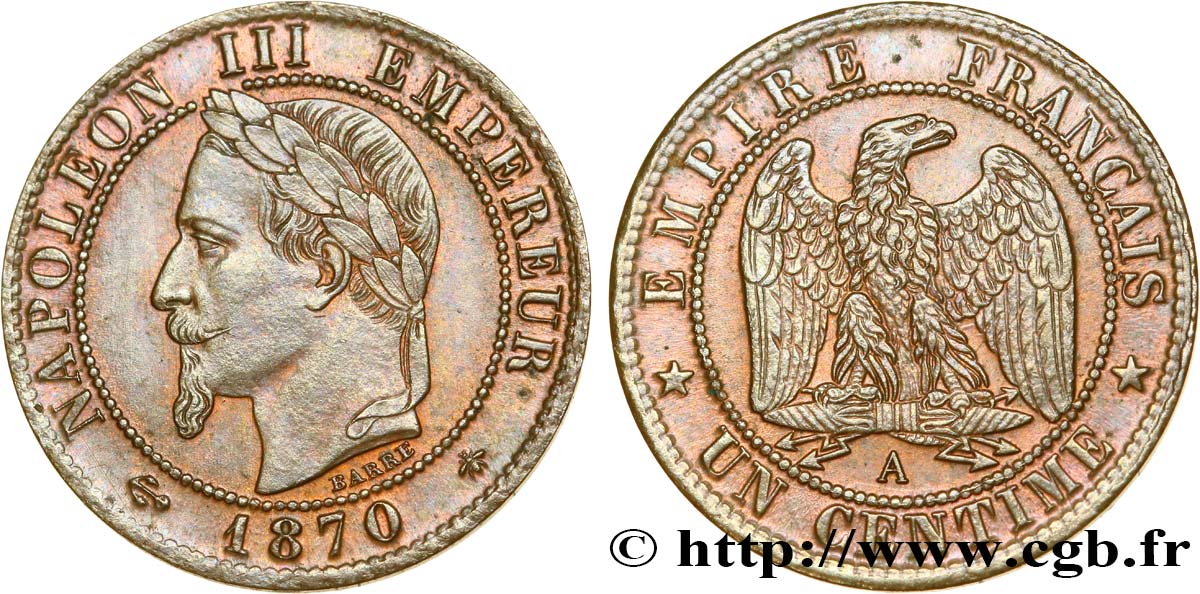 Un centime Napoléon III, tête laurée 1870 Paris F.103/8 EBC55 