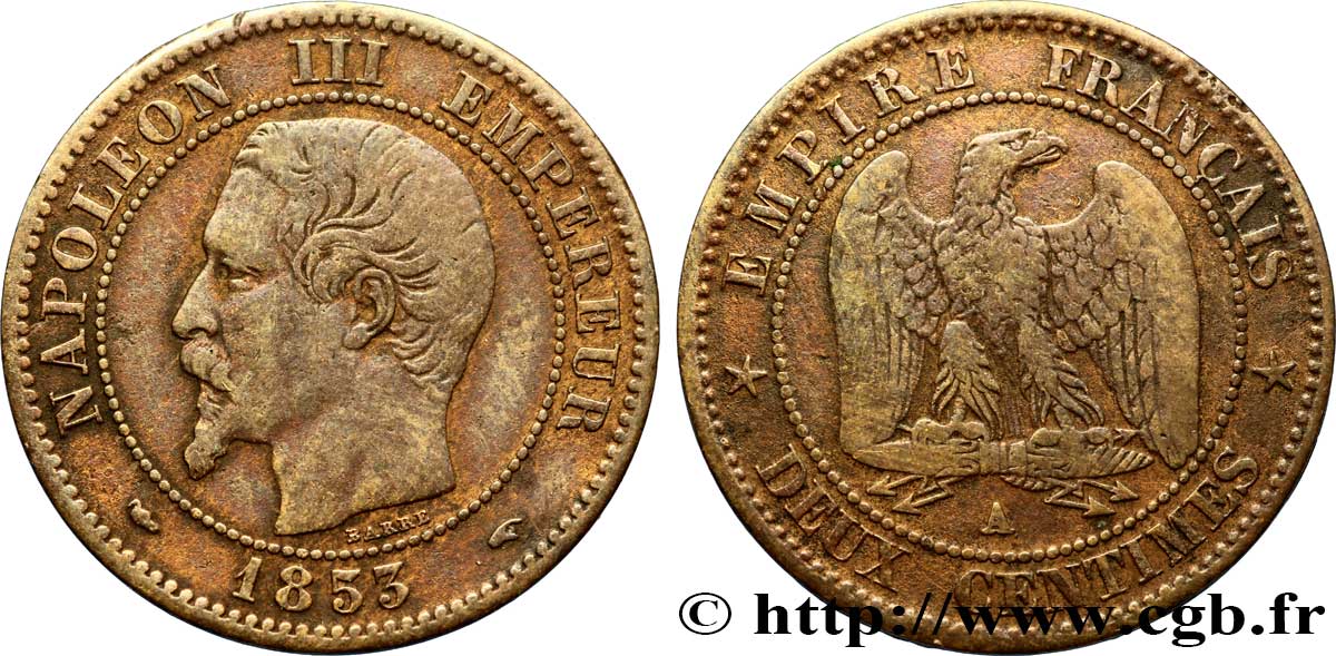 Deux centimes Napoléon III, tête nue 1853 Paris F.107/1 BC35 