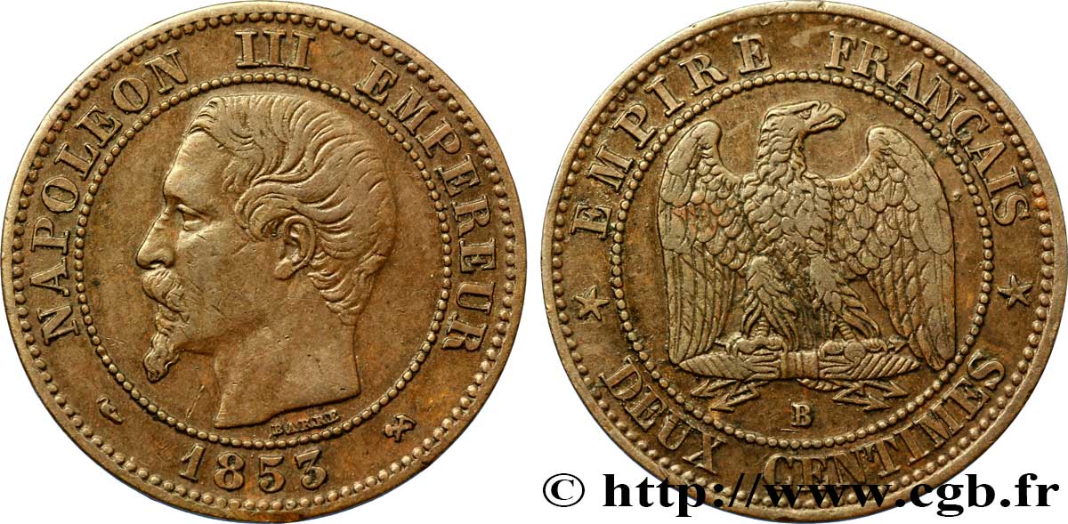 Deux centimes Napoléon III, tête nue 1853 Rouen F.107/2 MBC48 