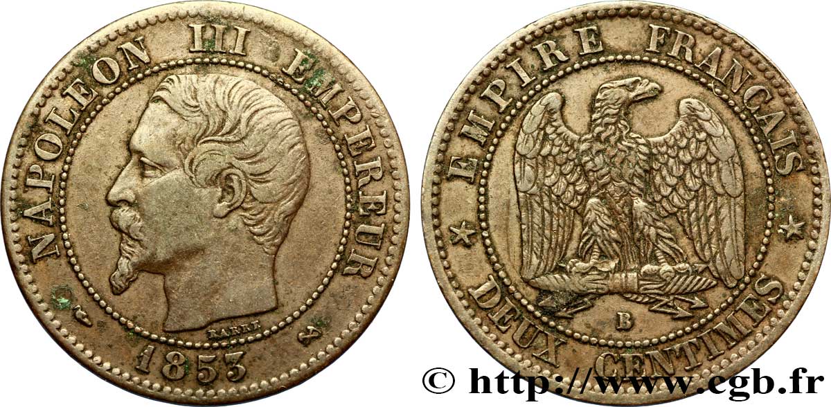 Deux centimes Napoléon III, tête nue 1853 Rouen F.107/2 TTB40 