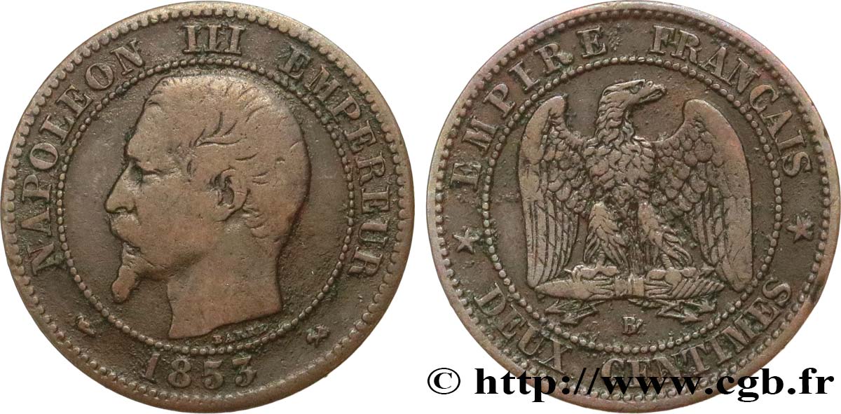 Deux centimes Napoléon III, tête nue 1853 Rouen F.107/2 BC35 