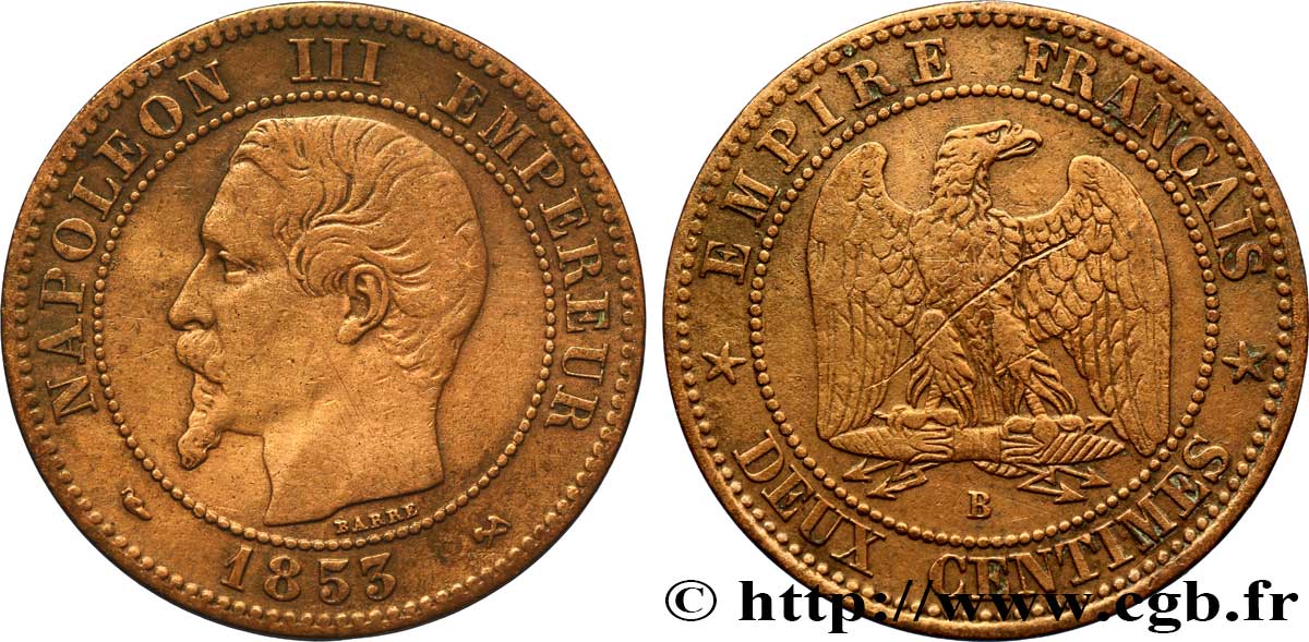 Deux centimes Napoléon III, tête nue 1853 Rouen F.107/2 S20 
