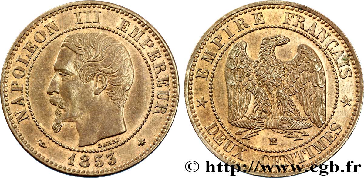 Deux centimes Napoléon III, tête nue 1853 Strasbourg F.107/3 SUP57 